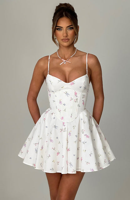 Vestido Mini Analeigh - Estampado Floral Multicolor Blanco