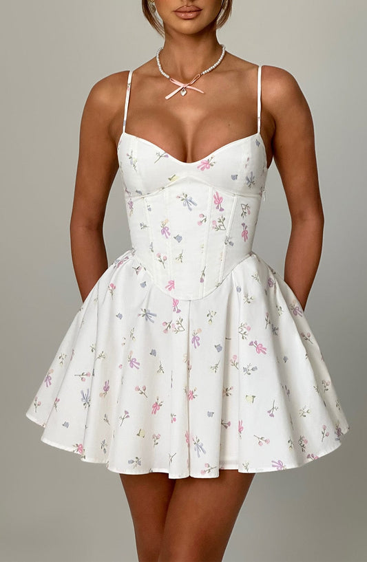Vestido Mini Analeigh - Estampado Floral Multicolor Blanco