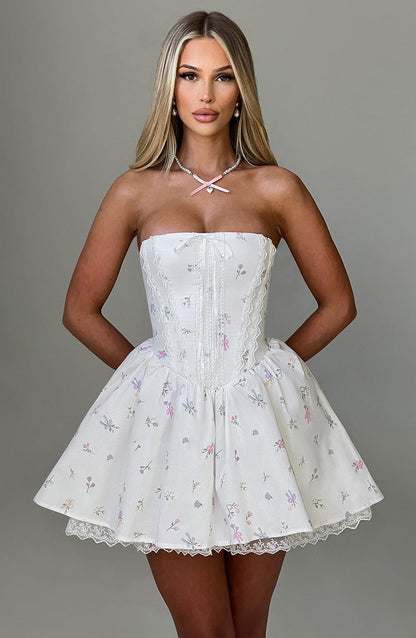 Vestido Mini Evie - Blanco con Estampado Floral Multicolor