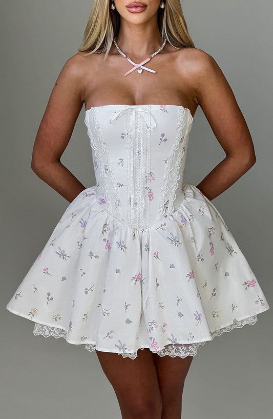 Vestido Mini Evie - Blanco con Estampado Floral Multicolor
