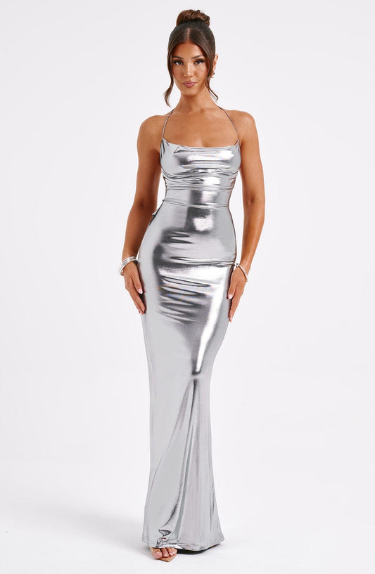 Vestido Maxi Talisa - Metalizado Gunmetal